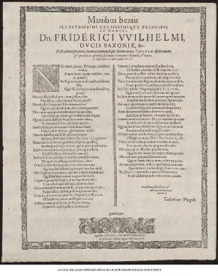 Manibus beatis Illustrissimi Celsissimique Principis Ac Dominis, Dn. Friderici Wilhelmi, Ducis Saxoniae, &c. Post administratum summa cum laude per decem annos Saxoniae electoratum, piè quidem ac placidè, sed nimìs immaturè defuncti, Vinariae, 7. Iulii. Hora II. noct. anno 1602. ...