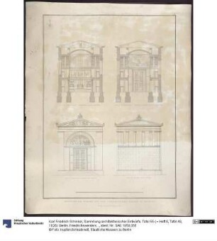 Sammlung architektonischer Entwürfe. Tafel 55 ( = Heft 8, Tafel 49, 1826): Berlin. Friedrichswerdersche Kirche. Antikisierende Entwürfe zum Portal, Chorapsis und Innenraum. Aufrisse und Querschnitte