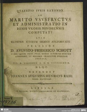 Quaestio Iuris Saxonici An Marito Ususfructus Et Administratio In Bonis Uxoris Minorennis Competat?