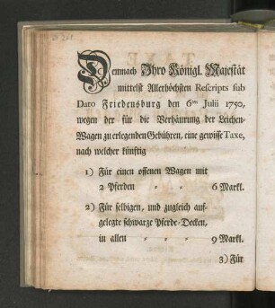 [Taxe wegen der für die Verhäurung der Leichen-Wagen zu erlegenden Gebühren.]