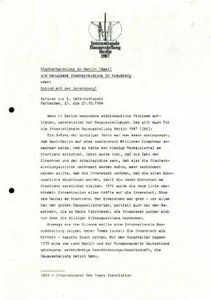 Referat: Stadtentwicklung West-Berlin,               behutsame Stadterneuerung Kreuzberg, Referat zur 8. INTA-Konferenz Rotterdam               1984