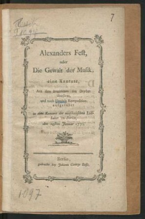 Alexanders Fest, oder Die Gewalt der Musik : eine Kantate