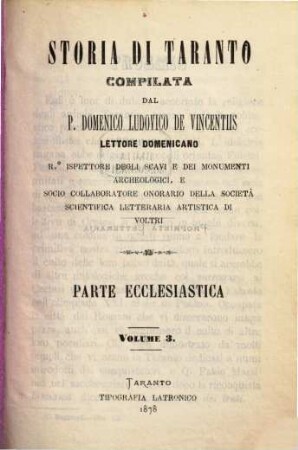 Storia di Taranto : Compilata dal P. Domenico Ludovico de Vincentiis lettore domenicano. 3, Parte ecclesiastica