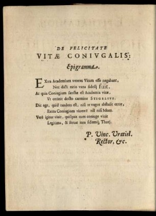 De Felicitate Vitae Coniugalis: Epigramma.