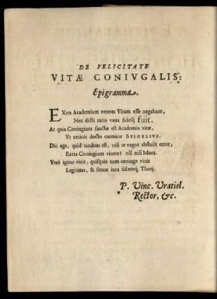 De Felicitate Vitae Coniugalis: Epigramma.