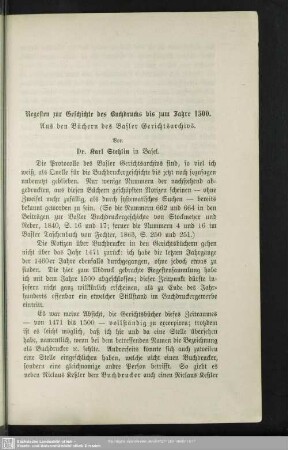 Regesten zur Geschichte des Buchdrucks bis zum Jahre 1500 : Aus den Büchern des Basler Gerichtsarchivs