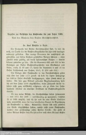 Regesten zur Geschichte des Buchdrucks bis zum Jahre 1500 : Aus den Büchern des Basler Gerichtsarchivs