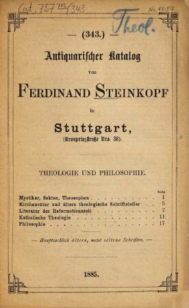 Antiquarischer Katalog von Ferdinand Steinkopf in Stuttgart. 343. 1885