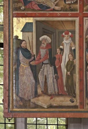 Hauptaltar, sog. Erzväteraltar — Szenen der Geschichte der Erzväter — Linker, äußerer Altarflügel (Innenseite) mit vier Bildfeldern — Jakob wird von Labans Familie aufgenommen