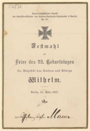 Menükarte : Festmahl zur Feier des 90. Geburtstages Sr. Majestät des Kaisers und Königs Wilhelm