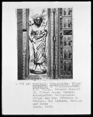 Kreuzreliquientriptychon — Flügelinnenseiten und Mitteltafel mit der Darstellung des Apostels Petrus, dem Bischof Lutwinus, Engeln, Aposteln und Heilige — Apostel Petrus