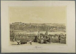 Stadtansicht von Pirna mit dem Sonnenstein und der Marienkirche von der Schönen Höhe im Norden bei Copitz über die Elbe
