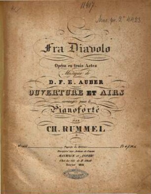 Fra Diavolo : opéra en trois actes ; ouverture et airs