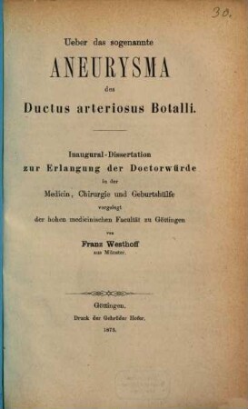 Ueber das sogenannte Aneurysma des Ductus arteriosus Botalli : Inaugural-Dissertation