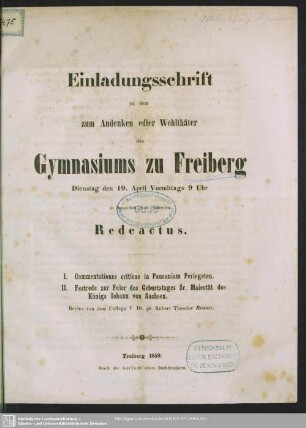 1859: Einladungsschrift zu dem zum Andenken edler Wohlthäter des Gymnasiums zu Freiberg ... in demselben statt findenden Redeactus
