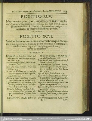 Positio XCVI. Suadentibus circumstantiis, intercessioneque coniugis prioris accedente, Bigamiae poena ordinaria in carcerem et merito commutatur