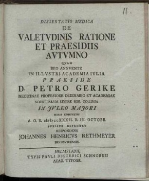 Dissertatio Medica De Valetvdinis Ratione Et Praesidiis Avtvmno