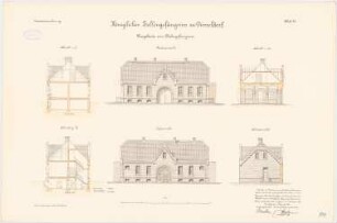 Zellengefängnis, Düsseldorf Torgebäude zum Frauengefängnis: Querschnitte, Hofansicht, Vorderansicht, Seitenansicht 1:100