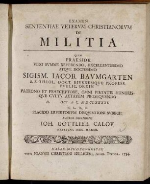 Examen Sententiae Vetervm Christianorvm De Militia
