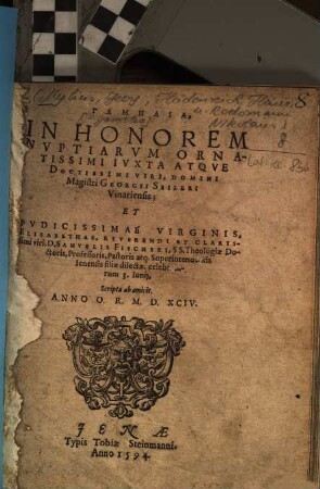 Gamēlia In Honorem Nuptiarum ... Magistri Georgii Seileri Vinariensis; Et ... Elisabethae ... D. Samuelis Fischeri ... filiae ...