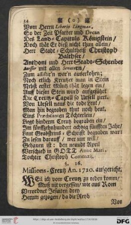 §. 16. Missions = Creutz An. 1720. aufgericht