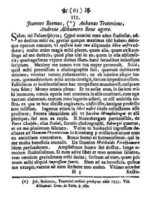 III. Joannes Boemus, (*) Aubanus Teutonicus, Andreae Althamero Bene agere