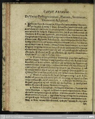 Caput Primum. Da Vacuo Pythagoricorum, Platonis, Stoicorum, Democriti & Epicuri