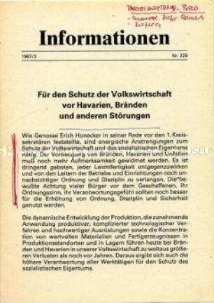 Parteiinformation der SED über den Schutz der Volkswirtschaft
