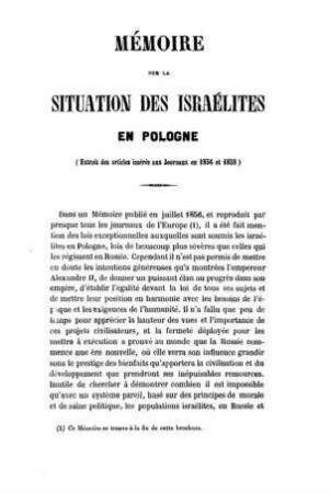 Mémoire sur la situation des Israélites en Pologne