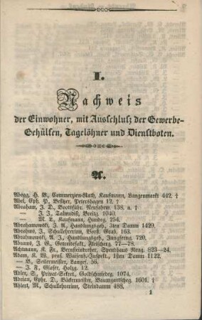 Nachweis der Einwohner, mit Ausschluß der Gewerbe-Gehülfen, Tagelöhner und Dienstboten