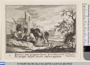 Ruhender Hirte mit Vieh an einer Ruine