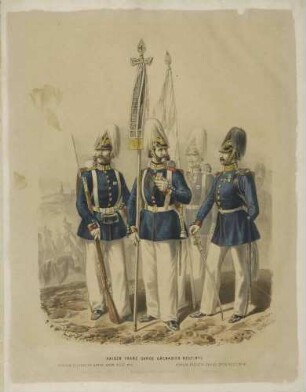 Offizier Garde-Grenadierregt. (Königin Augusta) Nr. 4, Fahnenunteroffizier, Garde-Grenadierregiment (Kaiser Franz) Nr. 2, Untoffz., Garde-Grenadierregt. (Königin Elisabeth) Nr. 3, stehend, blauer Waffenrock, Stehkragen, weisses Bandelier, weisse Hose, Pickelhaube