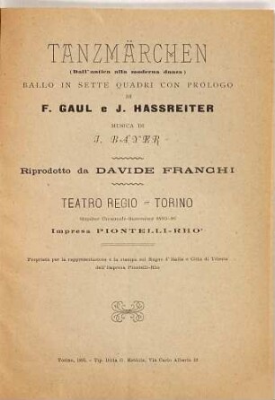 Tanzmärchen : (dall'antica alla moderna danza) ; ballo in sette quadri con prologo ; Teatro Regio, Torino, stagione carnovale - quaresima 1895 - 96