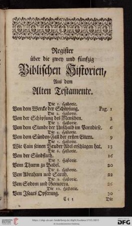 Register über die zwey und fünfzig Biblischen Historien, aus dem Alten Testament