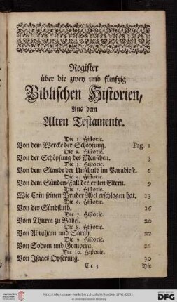 Register über die zwey und fünfzig Biblischen Historien, aus dem Alten Testament
