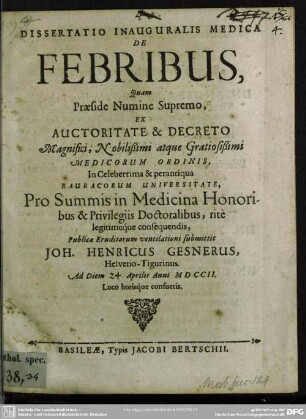 Dissertatio Inauguralis Medica De Febribus