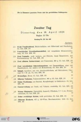 Zweiter Auktionstag: Dienstag, den 18. April 1939, Beginn 15 Uhr  (Nr. 221-440)