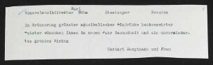 Brief von Gerhart Hauptmann und Margarete Hauptmann an Karl Böhm