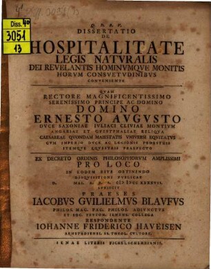 Diss. de hospitalitate legis naturalis Dei revelantis hominumque monitis horum consuetudinibus conveniente