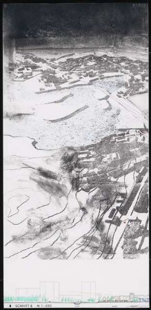 Bahnhofsbereich Potsdam Schinkelwettbewerb 1993: Perspektivische Ansicht (Luftbild), Schnitt 1:500