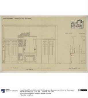 Hinterbrühl, Villa Friedmann, Speisezimmer, Aufriss der Kaminwand, Schnitt und Aufriss der Kamin-Schmalseite sowie Perspektive