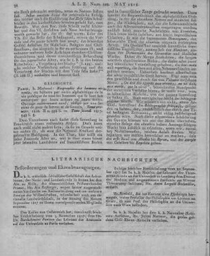 Biographie des hommes vivantes. Ou histoire par ordre alphabétique de la vie publique de tous les hommes qui se sont fait remarquer par leurs actions ou leurs écrits. Ouvrage entiérement neuf, rédigé par une société de gens de lettres et de savants. T. 1-2. Paris: Michaud 1816-17