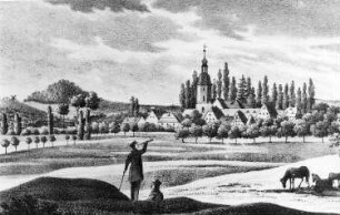 Liebschützberg-Wellerswalde. Ansicht von Wellerswalde mit der Collmer Windmühle (links am Horizont)
