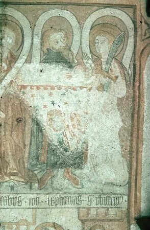 Bildfeld im oberen Bereich: Vier Apostel (ein nichtidentifizierter, Jakobus, Stefanus und Philippus)