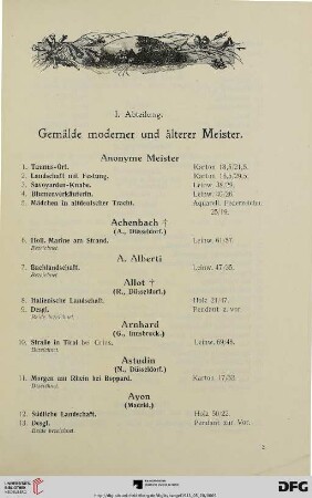 I. Abteilung. Gemälde moderner und älterer Meister (Nr. 1-188)