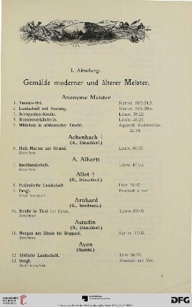 I. Abteilung. Gemälde moderner und älterer Meister (Nr. 1-188)