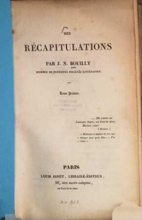 Mes récapitulations, 1
