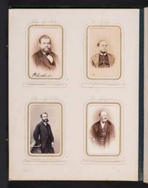 Albumseite 11 mit vier Cartes-de-visite (Porträts von Landtagsabgeordneten) unter Passepartout : Dem fünf und zwanzig Jahre hindurch treu bewährten und wohlverdienten Landtags-Abgeordneten Herrn Christian Gottlieb Riedel : gewidmet von seinen Collegen. Samteinband mit Metallbeschlägen und Metallschließe sowie Goldschnitt; 31 x 24,5 x 4 cm (1873). Dresden: SLUB/DF 2017.D.85