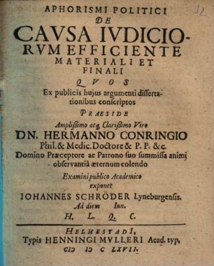 Aphorismi Politici De Causa Iudiciorum Efficiente Materiali Et Finali