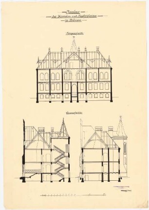 Kranken- und Siechenhaus, Brüssow Gültiger Ausführungsentwurf: Längsschnitt, Querschnitt 1:100